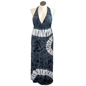 Awake Couture Womens Large Black White Tie Dye Halter Maxi Dress Boho Festival